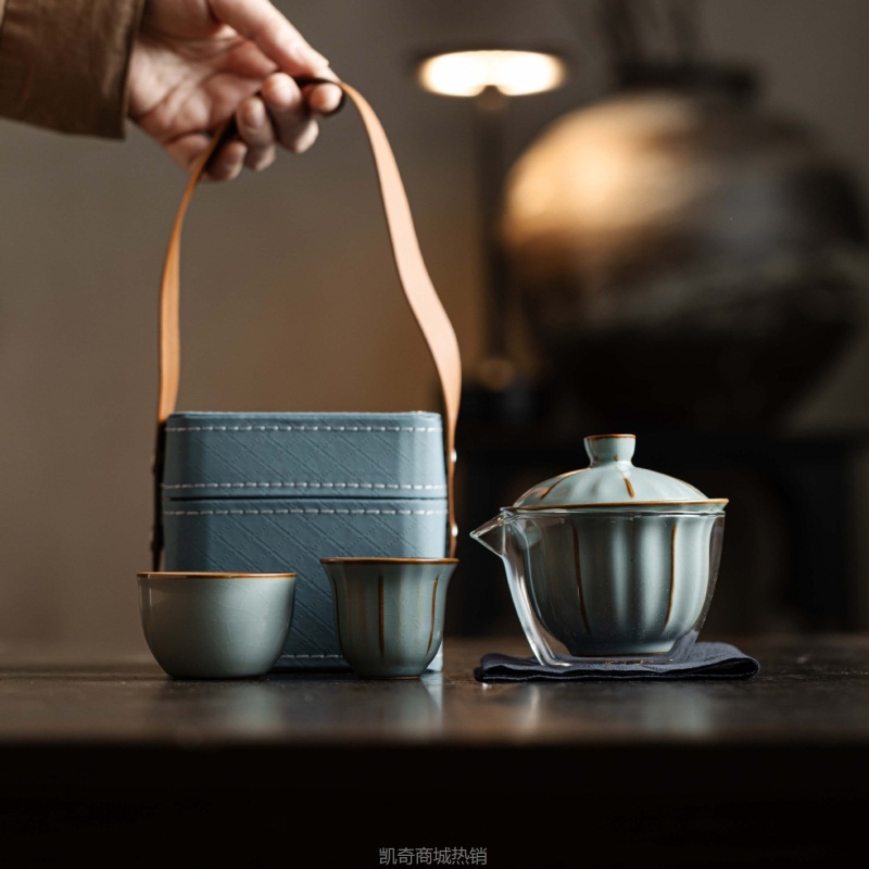 旅行茶具套装户外露营便携茶具汝窑快客杯一壶二杯收纳包商务礼品