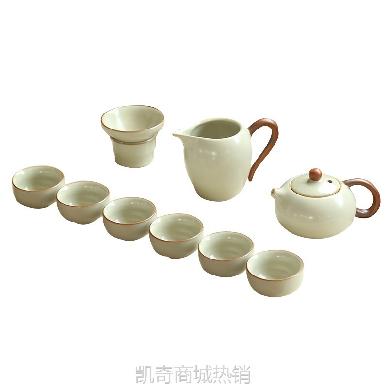 米黄汝窑功夫茶具套装陶瓷茶杯家用可养开片办公整套礼盒装定logo