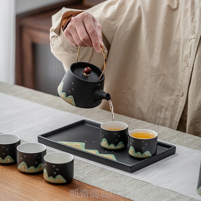 国潮粗陶千里江山提梁壶茶具套装功夫茶具家用创意商务礼品批发