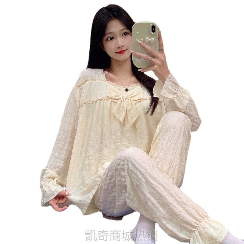奶乎乎春秋季长袖睡衣女带胸垫防凸点云朵棉ins公主风家居服套装