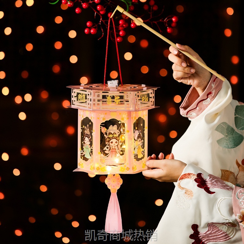 中秋复古灯笼儿童手提 手工diy材料包古风宫灯发光小灯笼摆摊批发