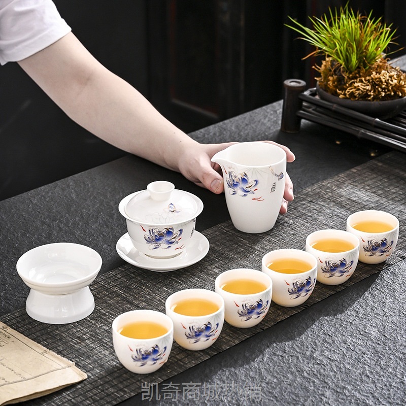 国潮羊脂玉白瓷茶具套装盖碗全套功夫茶具家用办公室会客商务礼品