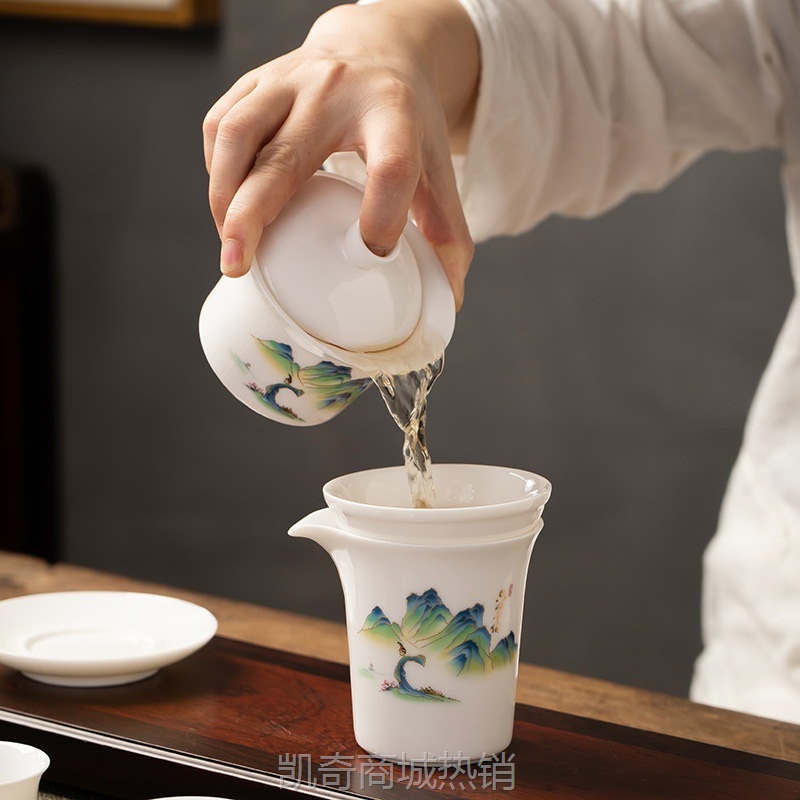 国潮羊脂玉白瓷茶具套装盖碗全套功夫茶具家用办公室会客商务礼品