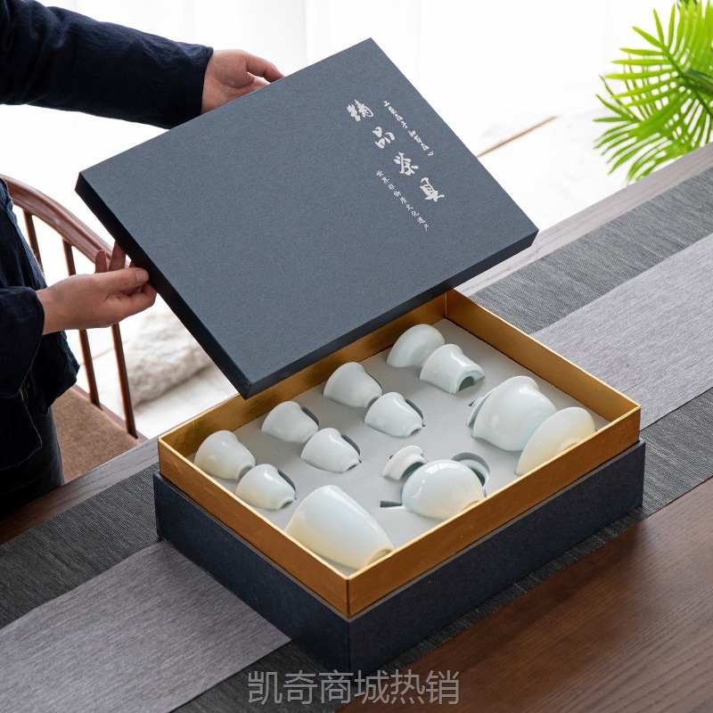 影青功夫茶具套装家用会客整套白瓷简约盖碗青瓷家用泡茶茶杯套装