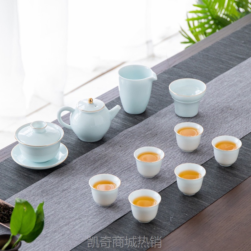 影青功夫茶具套装家用会客整套白瓷简约盖碗青瓷家用泡茶茶杯套装