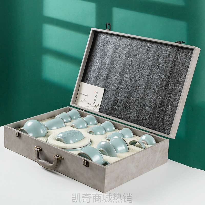 整套汝窑哥窑开片功夫茶具套装办公家用盖碗茶壶礼盒商务活动礼品