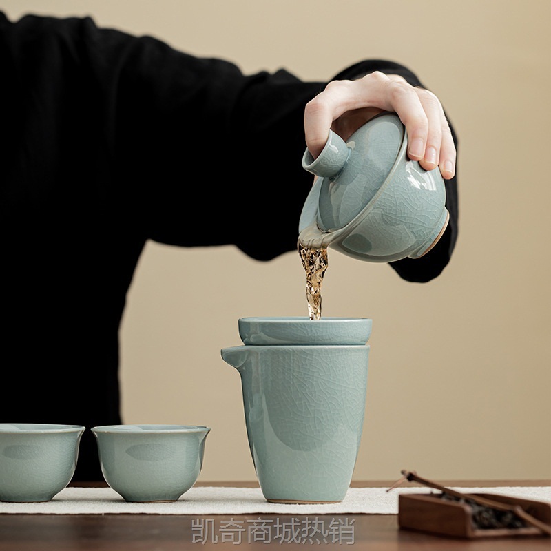 汝窑功夫茶具套装礼盒银行保险整套开片商务年会礼品汝瓷可定LOGO