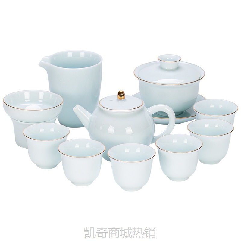 影青功夫茶具套装家用会客整套白瓷简约盖碗青瓷家用泡茶茶杯套装