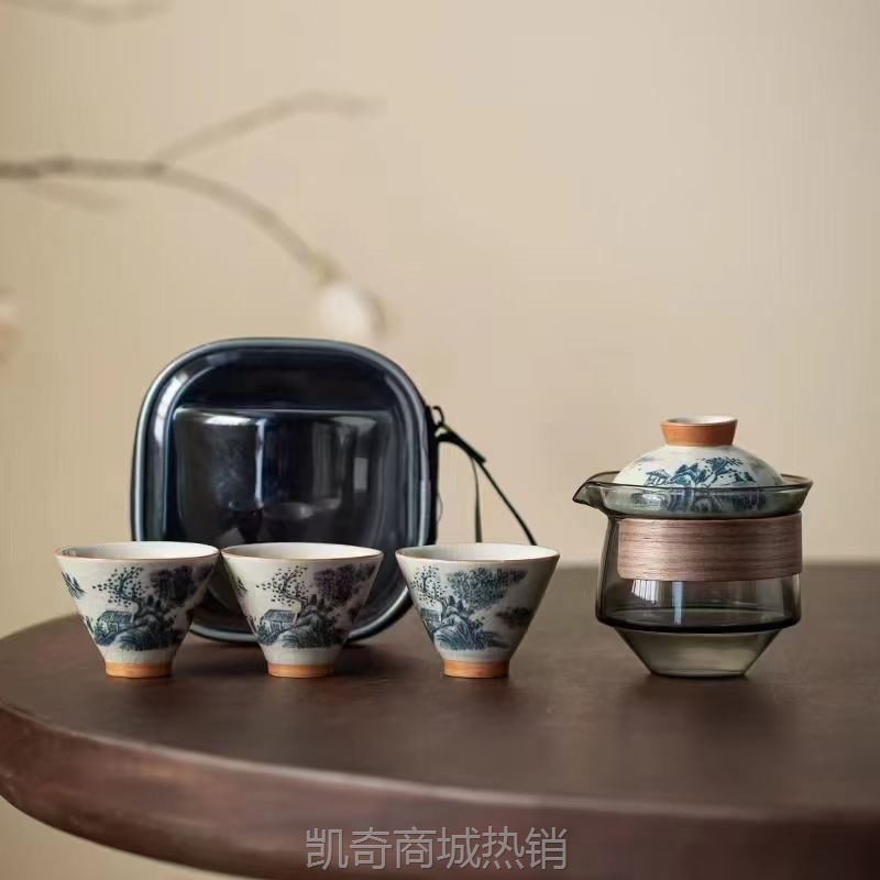 哥窑手绘旅行茶具套装便携式快客杯一壶三杯公司年会商务庆典礼品