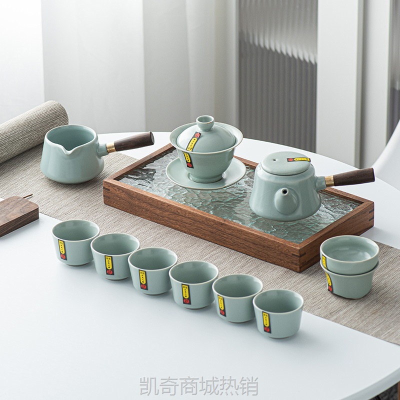 高档手工汝窑茶具套装礼品批发金丝开片侧把茶壶盖碗茶杯精品礼盒