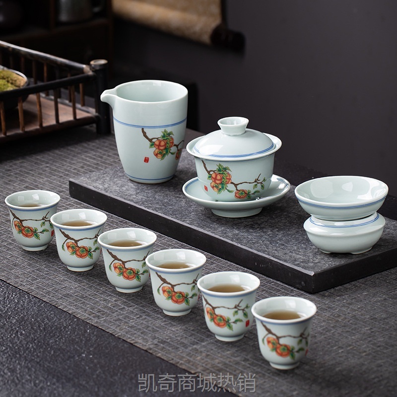 仿古玄纹景德镇青花盖碗茶杯柿柿三才碗不烫手小手绘单个薄胎茶具