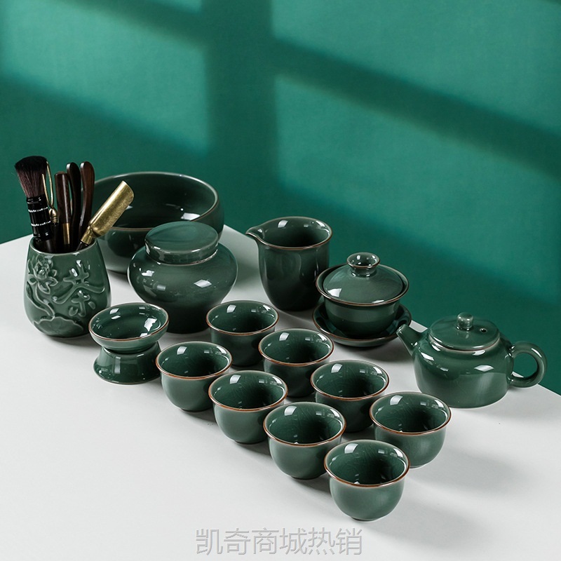 整套汝窑哥窑开片功夫茶具套装办公家用盖碗茶壶礼盒商务活动礼品