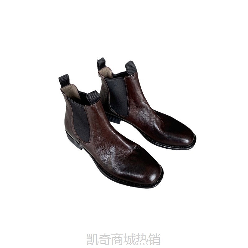 牛皮版~真皮圆头英伦复古褶皱切尔西靴女粗跟烟筒马丁靴子女短靴