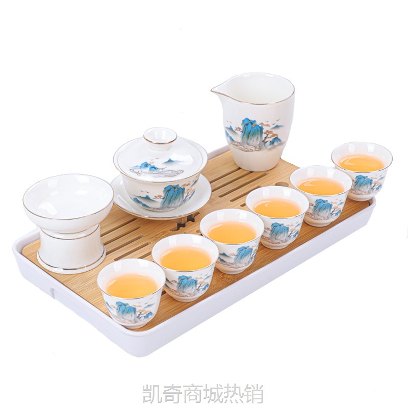羊脂玉白瓷功夫茶具套装礼品喝茶杯家用办公室会客盖碗泡茶杯套装