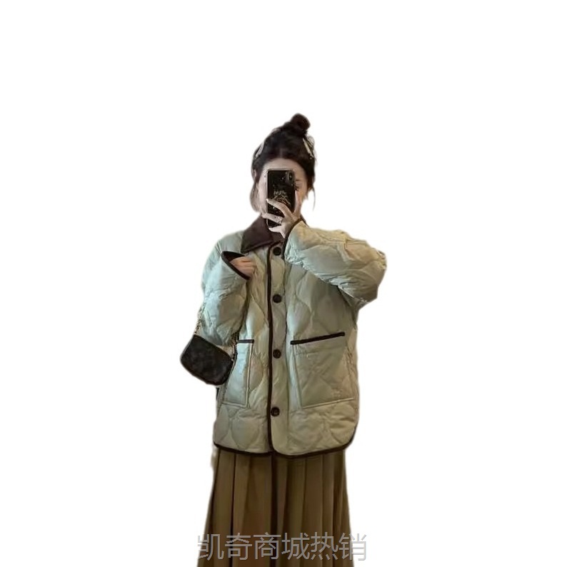 2024新款棉服女韩系短款撞色潮设计翻领撞色菱格冬季外套轻薄显瘦