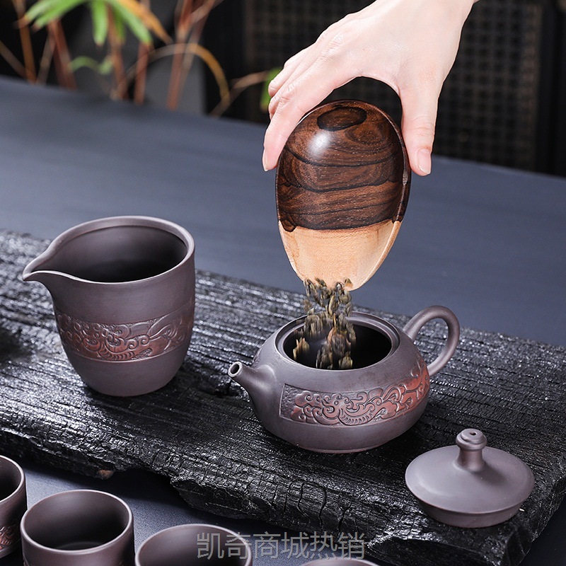 建水紫陶茶具礼盒装家用功夫茶具浮雕荷花茶壶茶杯整套商务礼品