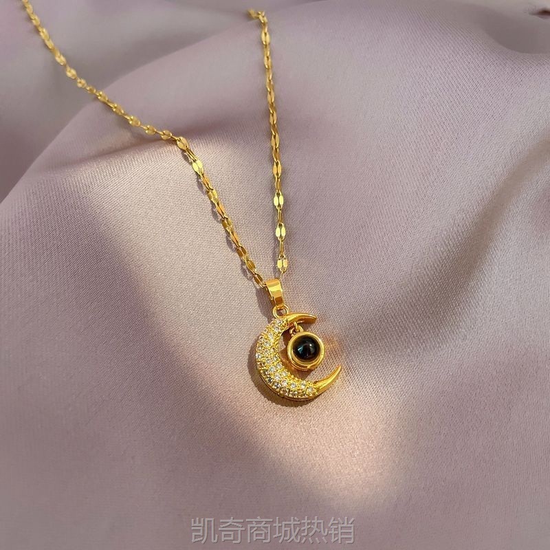 W9Q【即将抢完】24Κ黄金色镶钻投影月亮吊坠项链女高挡挂坠生日