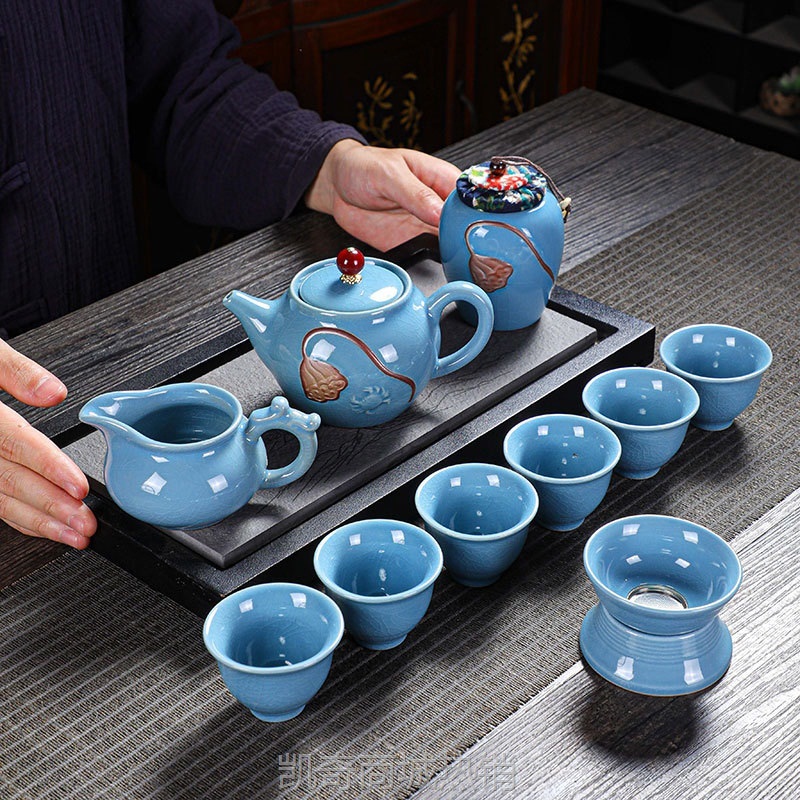 汝窑开片功夫茶具礼品套装精致激光浮雕图案带茶叶罐陶瓷茶壶批发