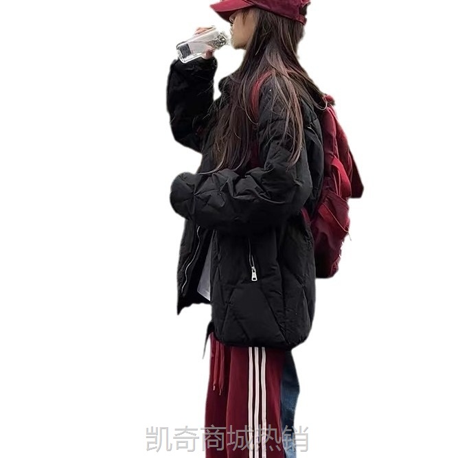2023新款韩系菱格羽绒棉服棉衣夹棉oversize宽松外套棒球服女