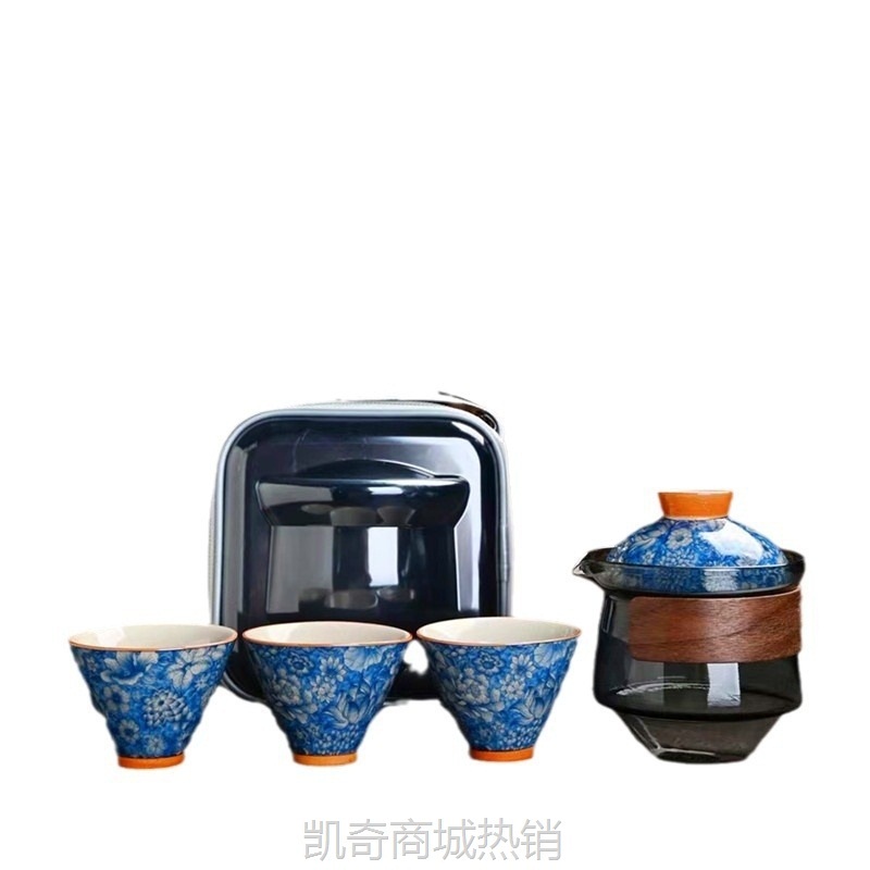 哥窑手绘旅行茶具套装便携式快客杯一壶三杯公司年会商务庆典礼品
