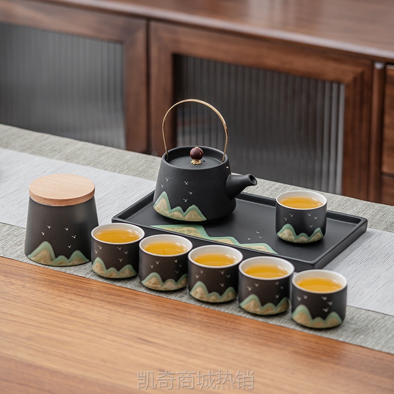 国潮粗陶千里江山提梁壶茶具套装功夫茶具家用创意商务礼品批发