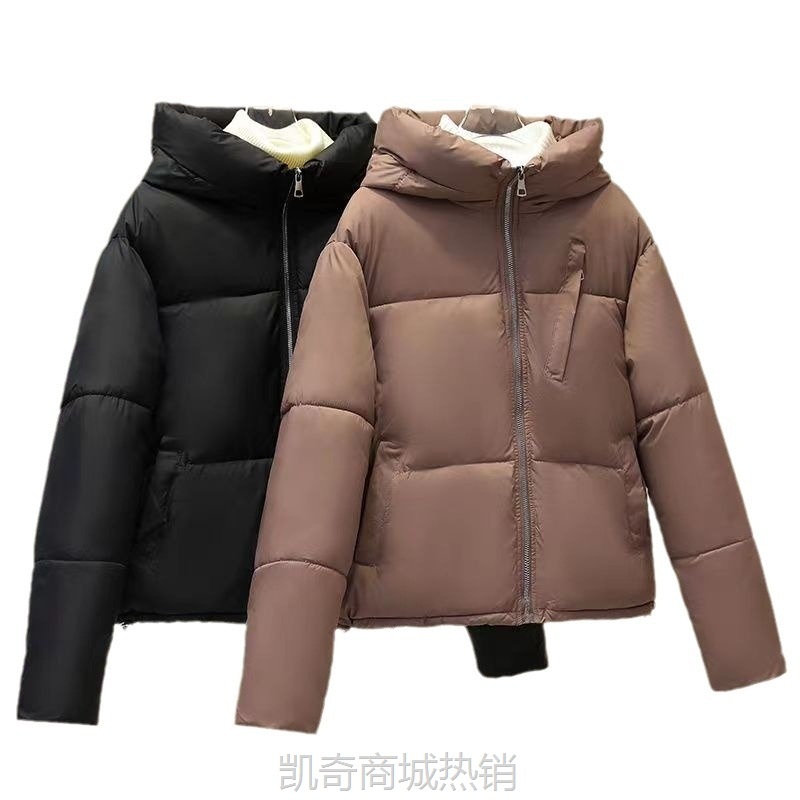 2024新款外贸短款纯色女式口袋外套加厚保暖潮流连帽小个子女棉服
