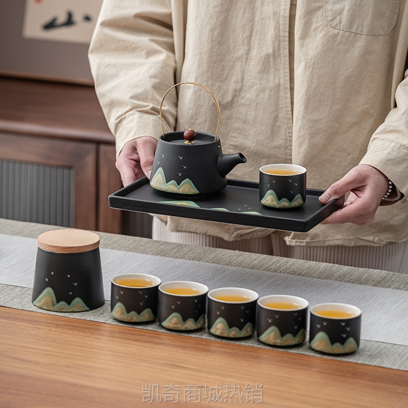 国潮粗陶千里江山提梁壶茶具套装功夫茶具家用创意商务礼品批发