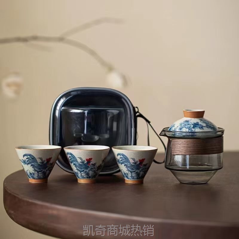 哥窑手绘旅行茶具套装便携式快客杯一壶三杯公司年会商务庆典礼品