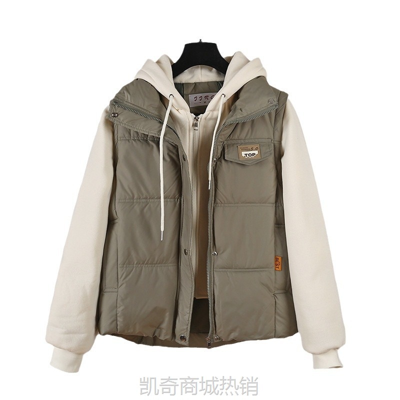 棉服女短款假两件运动针织加绒卫衣新款外穿防寒加厚马甲武汉背心