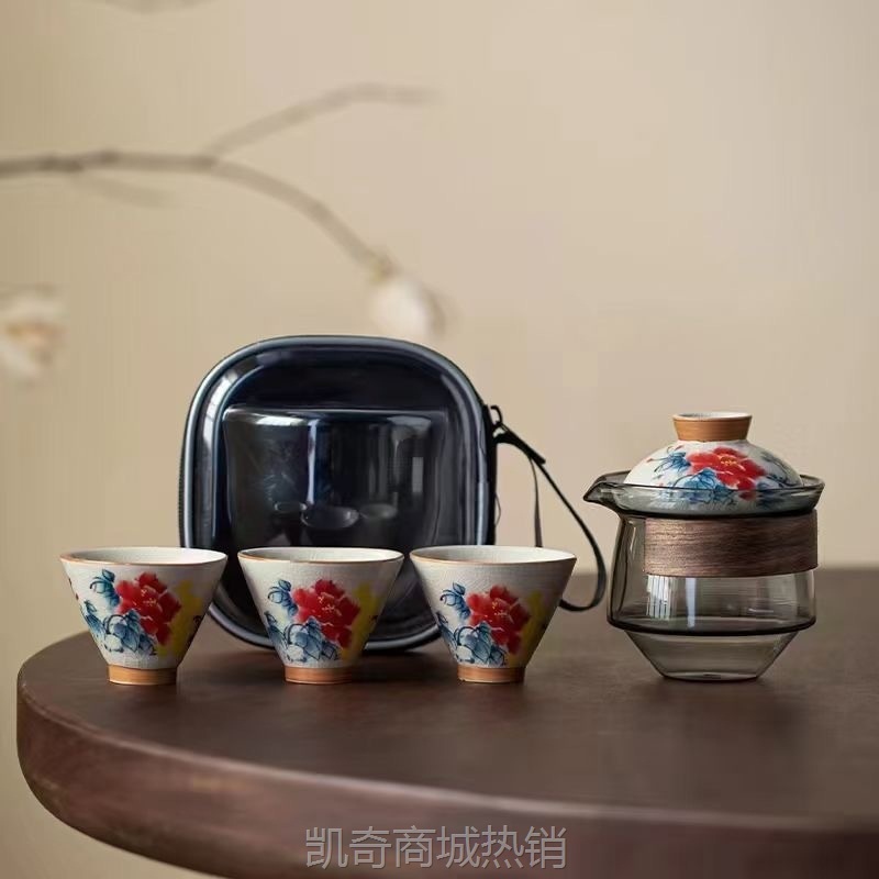 哥窑手绘旅行茶具套装便携式快客杯一壶三杯公司年会商务庆典礼品