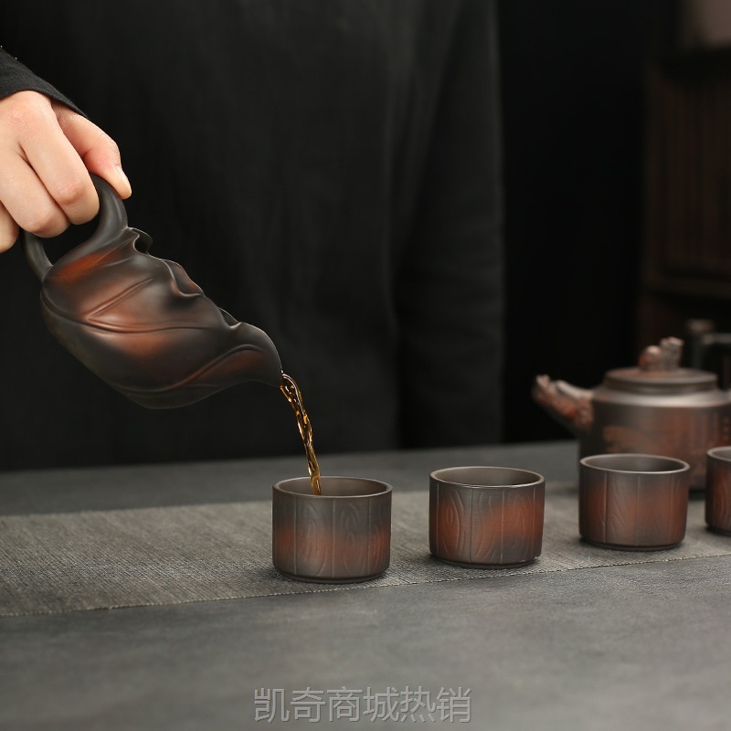 紫陶功夫茶具套装紫砂家用客厅办公中式复古茶杯简约送礼整套礼盒
