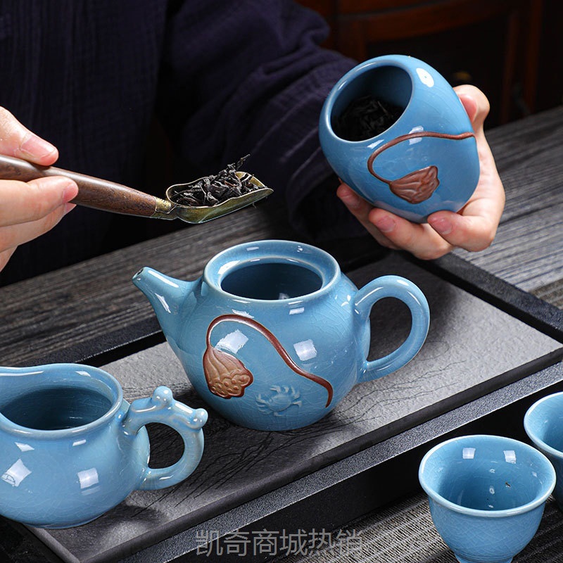 汝窑开片功夫茶具礼品套装精致激光浮雕图案带茶叶罐陶瓷茶壶批发