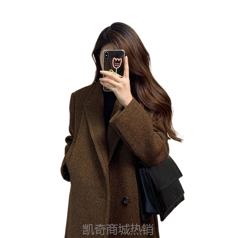 韩版西装领咖色高级感毛呢大衣女秋冬新款加厚过膝中长款呢子外套