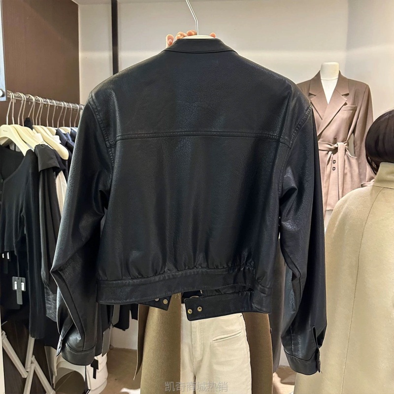 十三行秋装复古港风圆领宽松小个子机车服PU皮衣咖啡色夹克外套