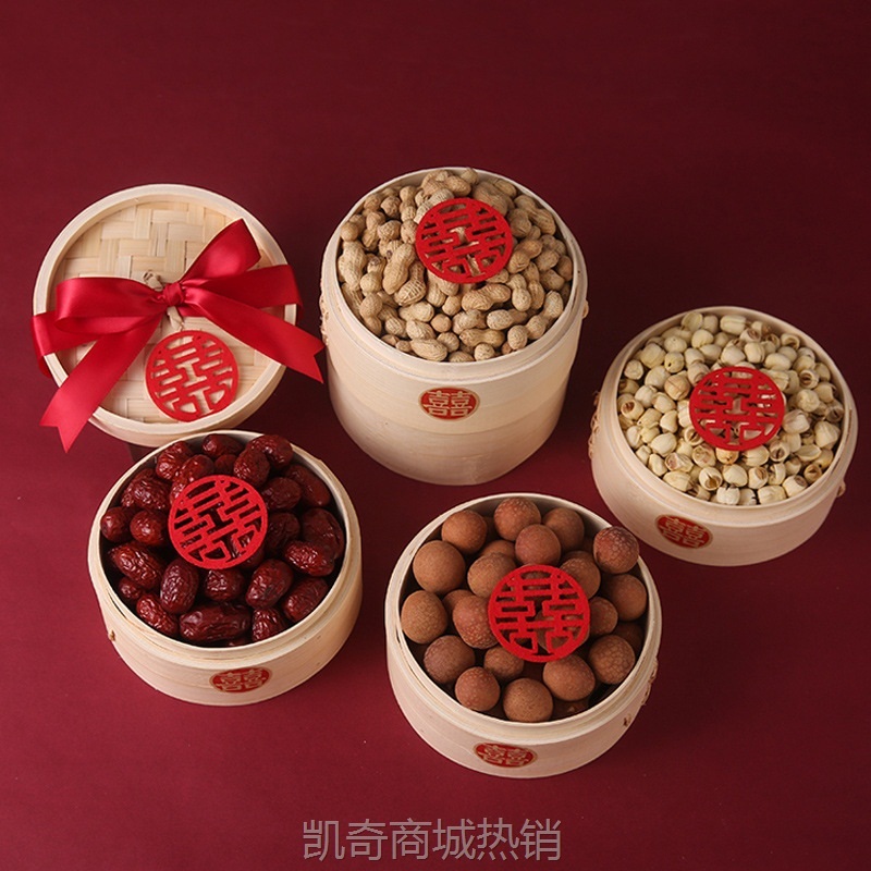 批发结婚庆用品婚房装饰布置早生贵子蒸笼摆件家用商用竹蒸笼蒸格