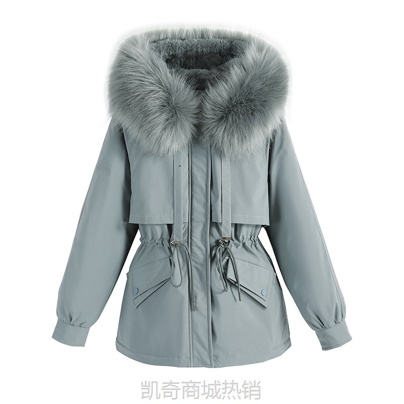 派克服2024冬季欧美新款女式棉衣中长款大毛领加绒棉服棉袄厚外套