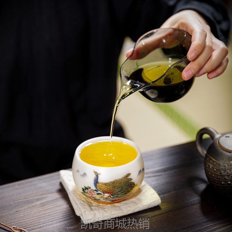 【首单1元】冰种玉瓷主人杯茶盏大师手作花开富贵禅定杯孔雀品茗杯礼盒装礼品