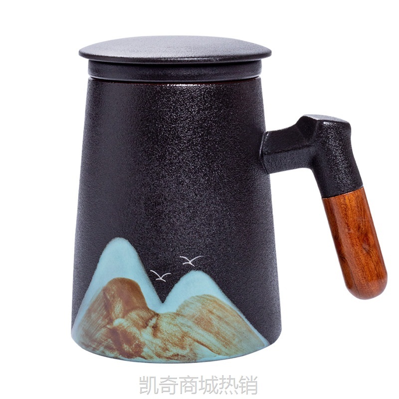 【首单1元】手绘远山马克杯陶瓷带盖过滤内胆茶水分离泡茶杯房地产成交伴手礼