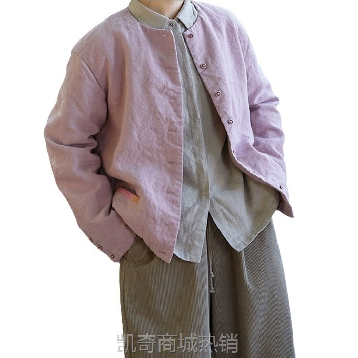 【首单1元】秋冬新款樱粉紫格粗纱支亚麻小圆领开门襟棉衣女外套