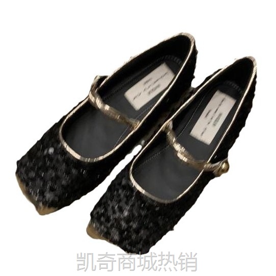 【首单1元】一字带玛丽珍鞋女平底浅口奶奶瓢鞋低跟豆豆鞋方头亮片芭蕾舞鞋
