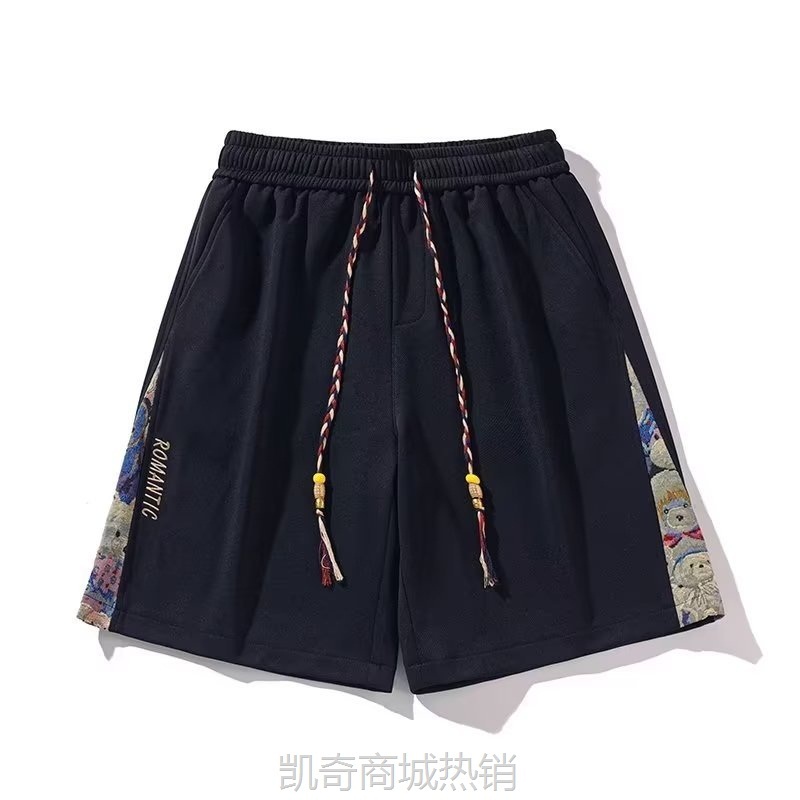【首单1元】美式休闲短裤男夏季薄款潮牌刺绣五分运动裤子国潮小熊拼接沙滩裤