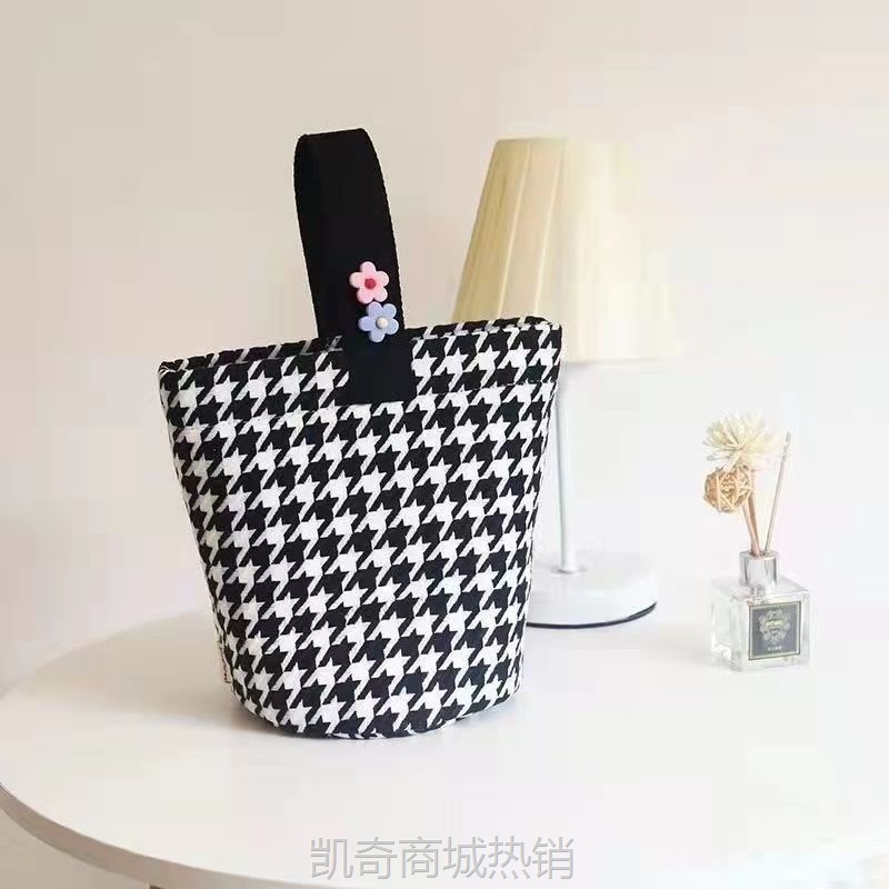【♥首单3元♥】时尚简约格纹帆布水桶包上班手拎包文艺百搭手提包便当饭盒收纳袋