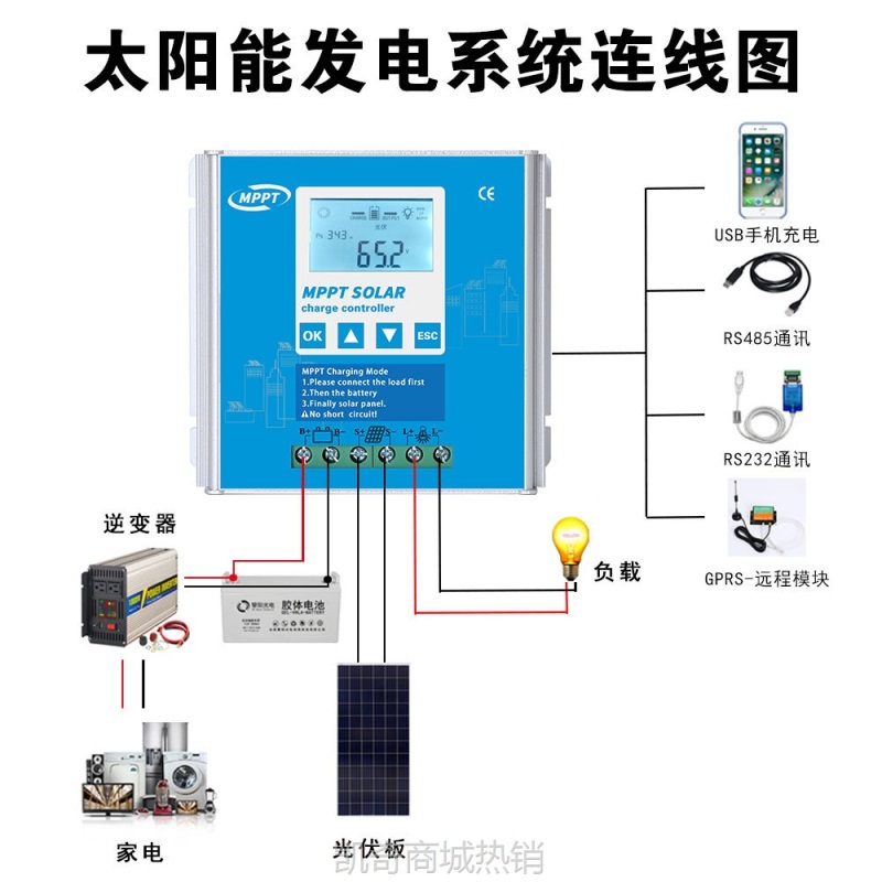 【♥首购1元♥】10A-100A GPRS/RS485太阳能控制器全铝型材散热 mppt太阳能控制器