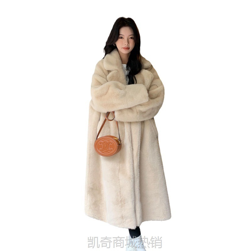 海宁仿水貂绒加长款宽松加厚欧貂皮毛一体西服领皮外套大衣女皮草