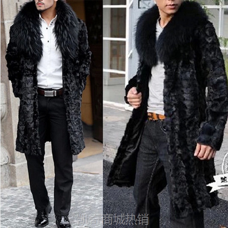 海宁秋冬新款男款仿水貂毛仿狐狸毛领长款男士仿皮草外套大衣保暖