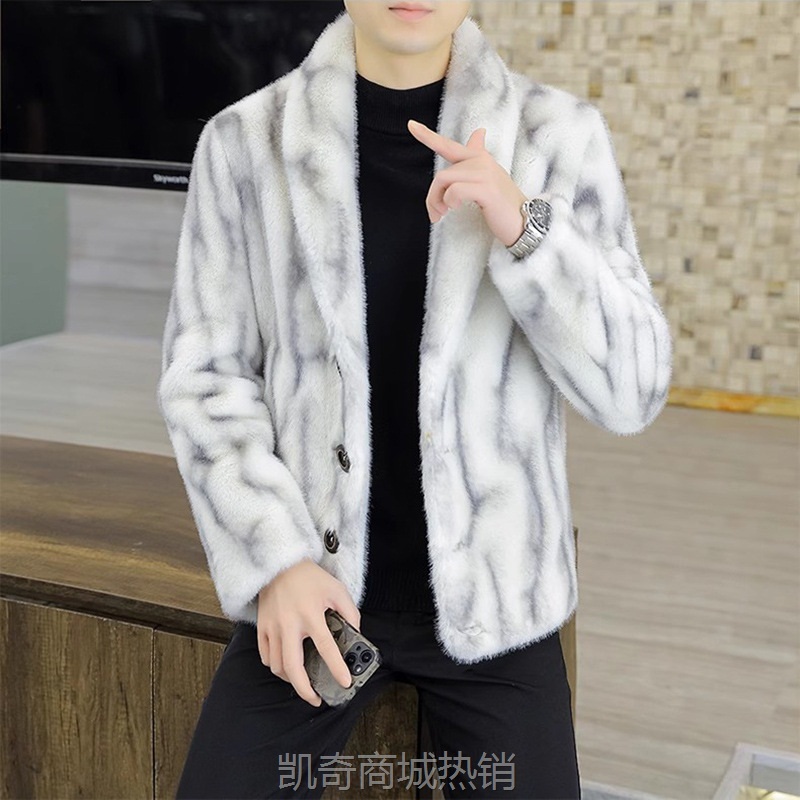 男装冬季水貂绒夹克加绒加厚西装领毛呢大衣冬装高档短款皮草外套