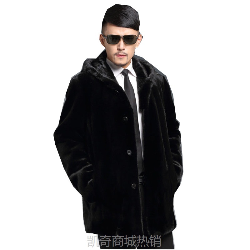 秋冬仿皮草外套整貂男仿貂皮大衣中长款连帽 水貂裘皮欧美大码
