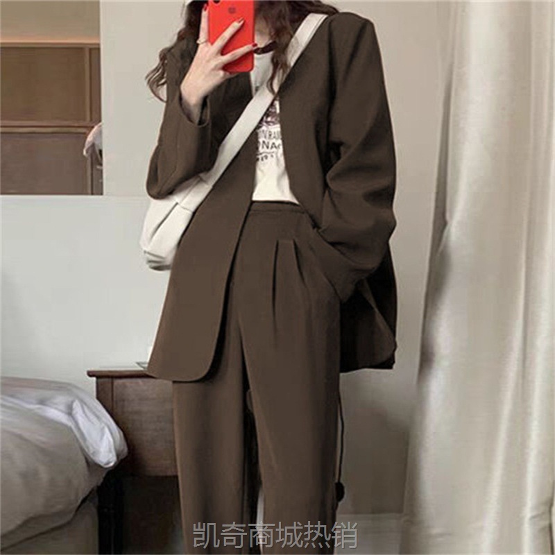 阔腿裤西装套装女2024春秋韩版时尚气质英伦风休闲炸街咖色小西服
