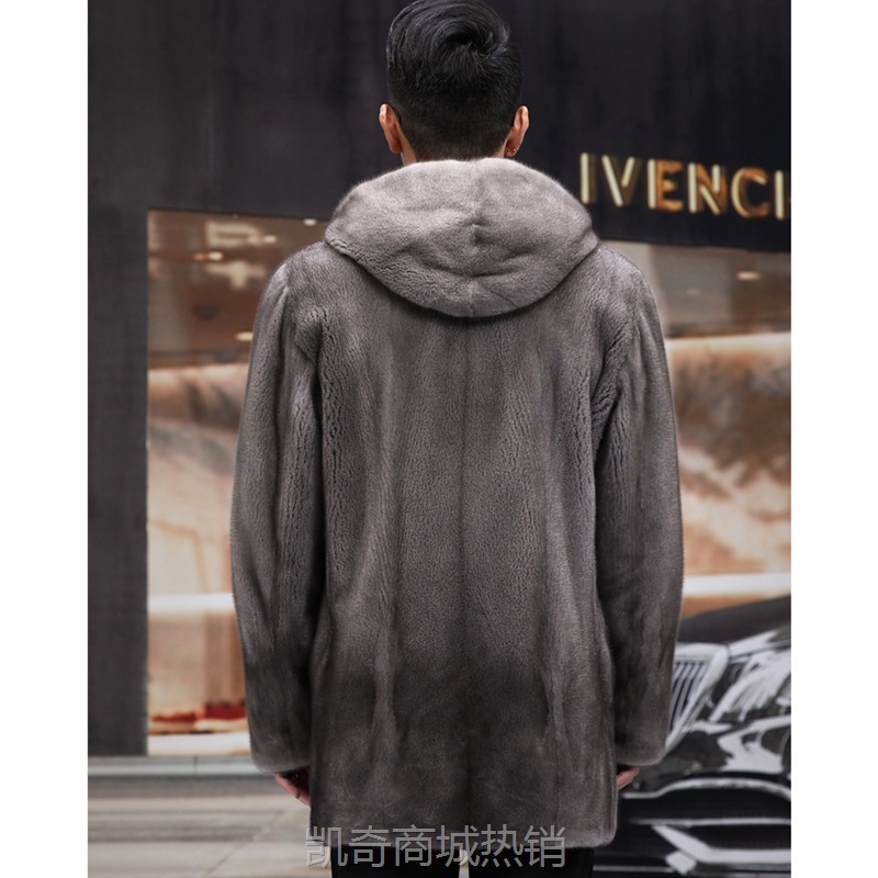 秋冬仿皮草外套整貂男仿貂皮大衣中长款连帽 水貂裘皮欧美大码
