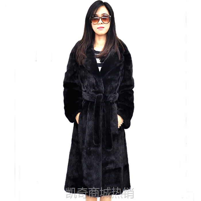 女士皮草外套仿水貂毛整貂西服领腰带修身长款女貂皮大衣欧美大码